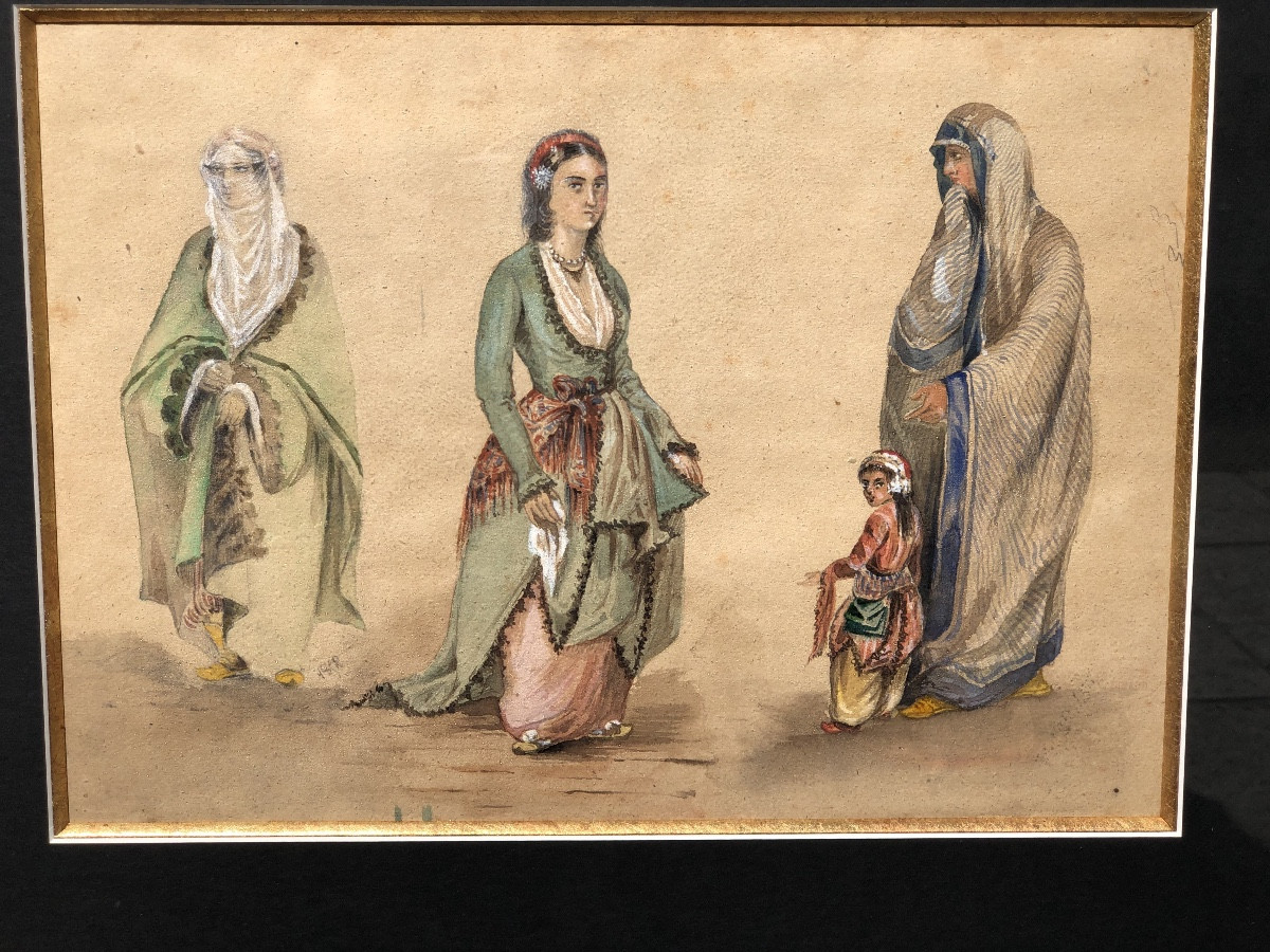 Eugène Giraud 1806-1881 “three Oriental Women” Watercolor -photo-5