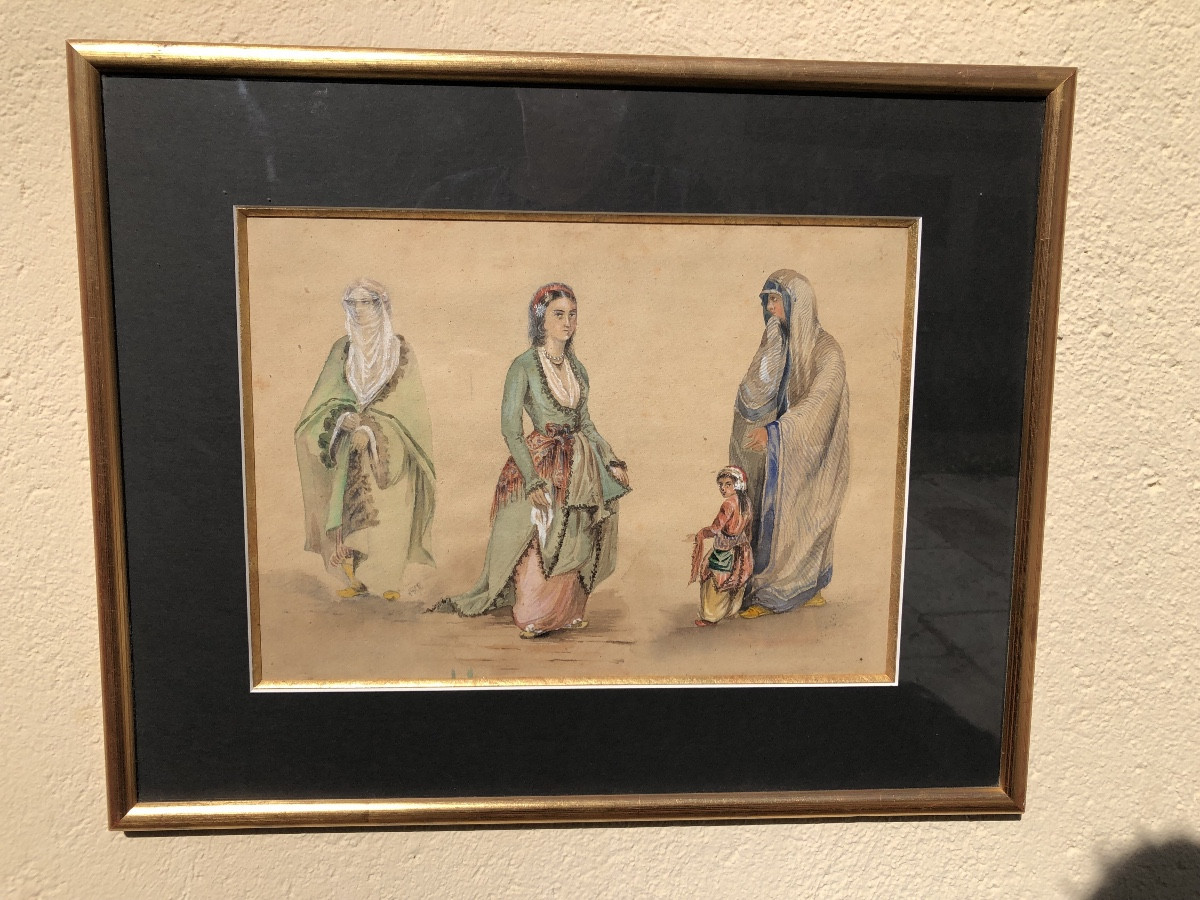 Eugène Giraud 1806-1881 “three Oriental Women” Watercolor -photo-6