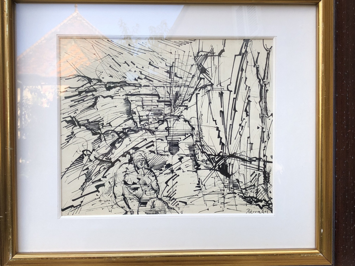 Alkis Pierrakos 1920 - 2017 "woman In A Landscape" Indian Ink Drawing -photo-3