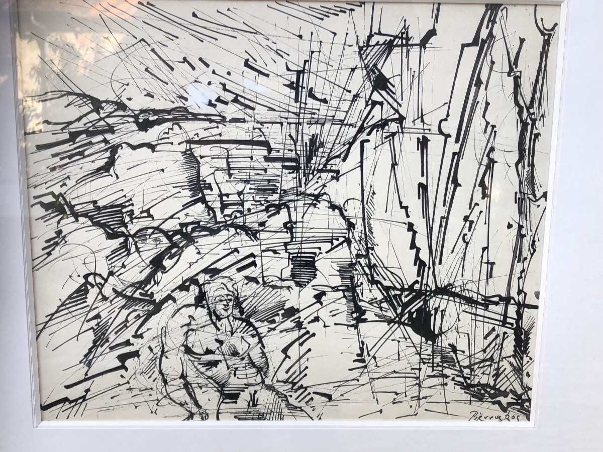 Alkis Pierrakos 1920 - 2017 "woman In A Landscape" Indian Ink Drawing -photo-4