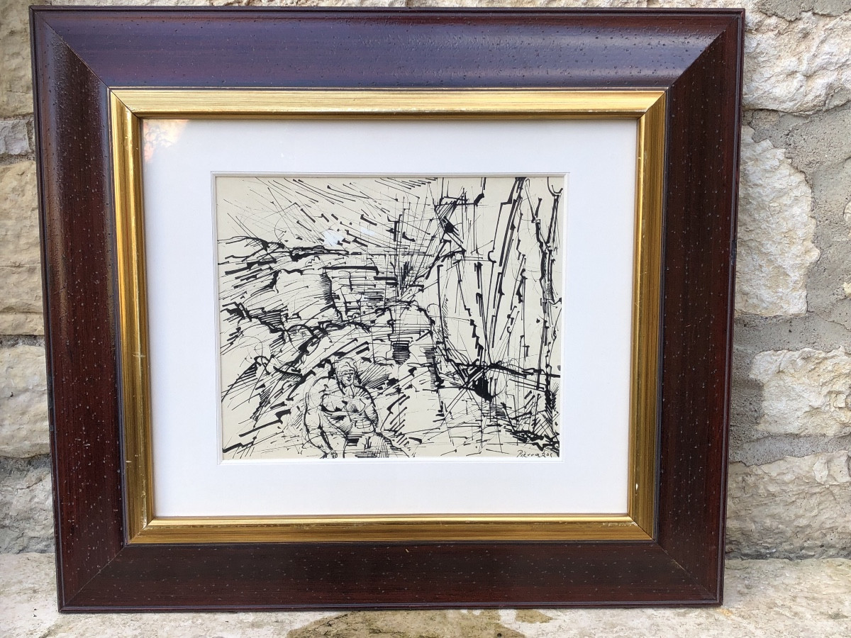 Alkis Pierrakos 1920 - 2017 "woman In A Landscape" Indian Ink Drawing -photo-5