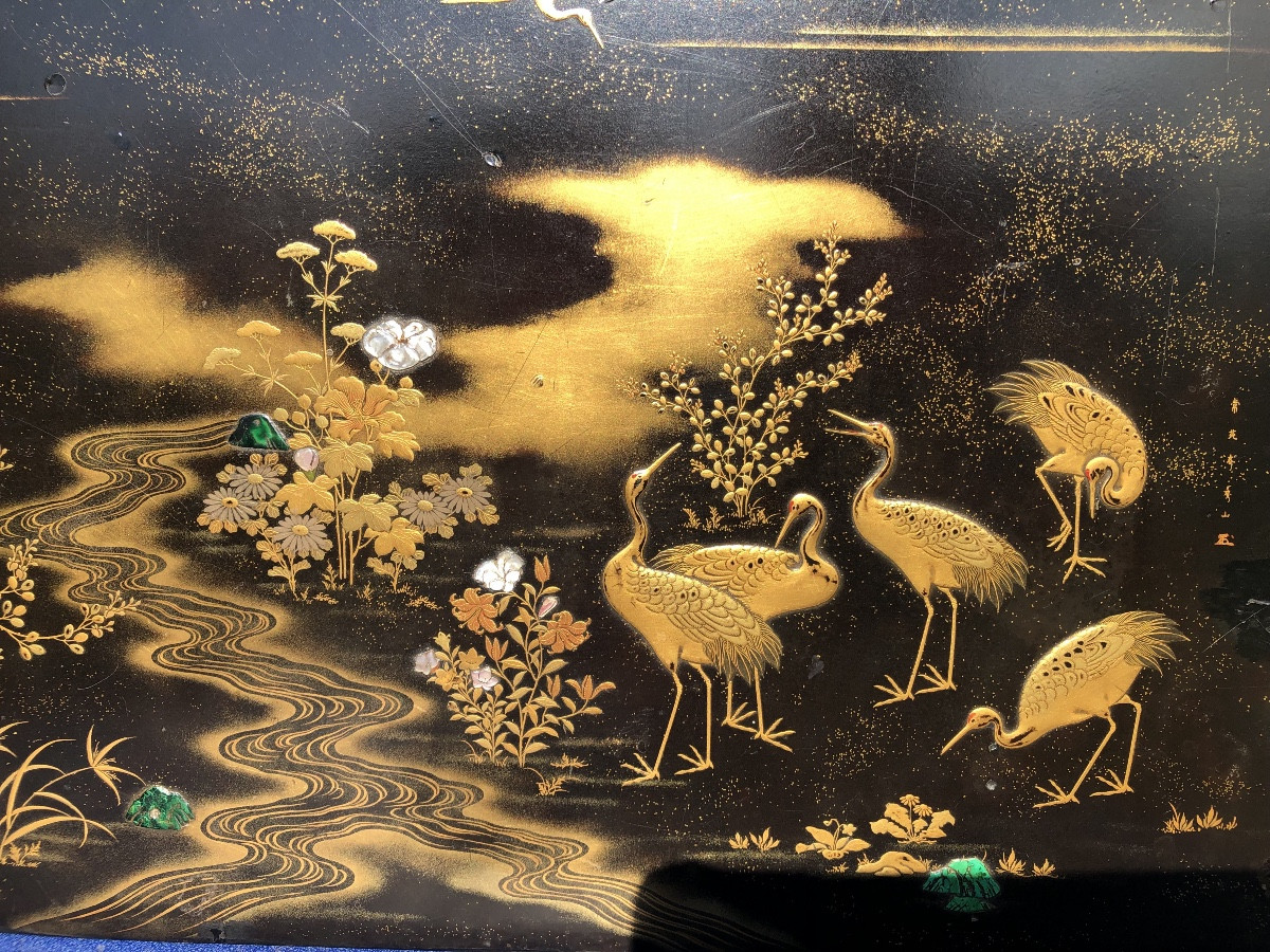 Lacquer Travel Box With Mount Fuji & Cranes Decor, Japan, 19th Century -photo-3
