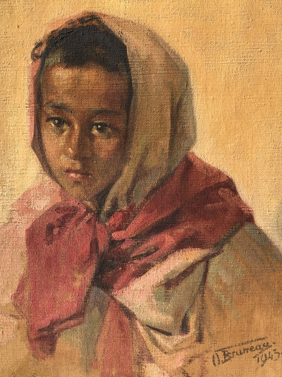 Odette Bruneau «  Jeune Marocaine au Foulard Rose « Maroc 1943 . Huile sur Toile.