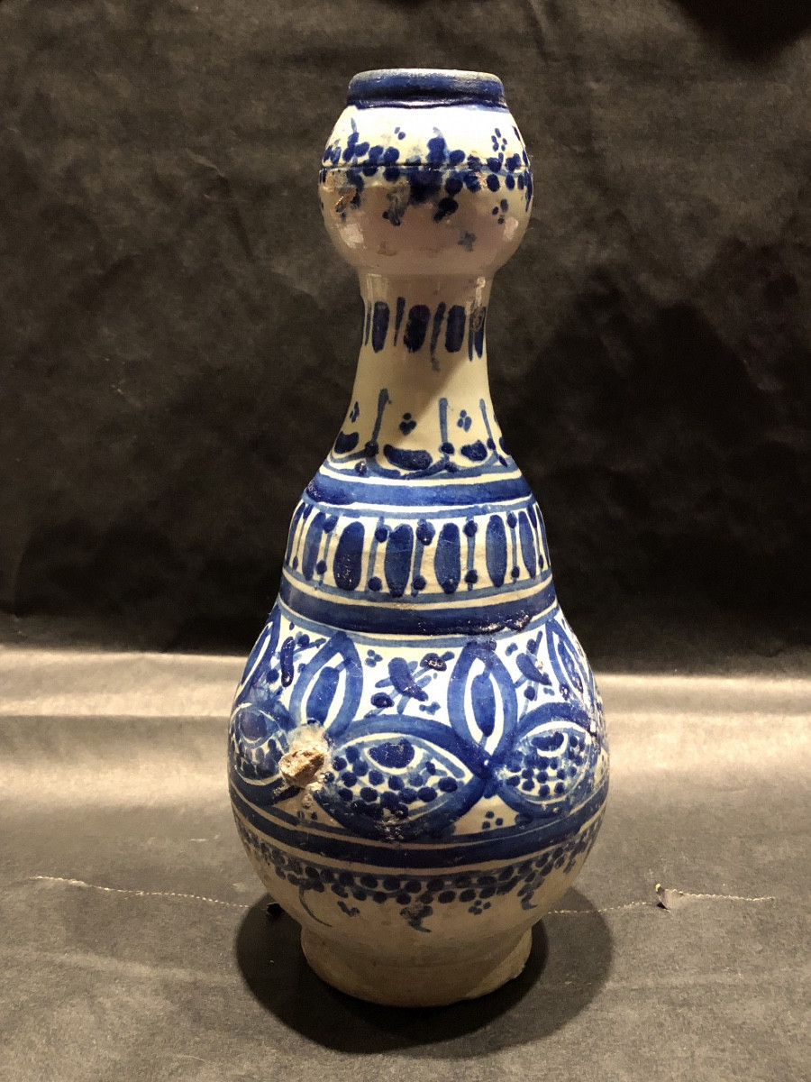 Bouteille à Parfum Blanc /Bleu «  Matrab «  Céramique de Fès XIX ème -photo-2