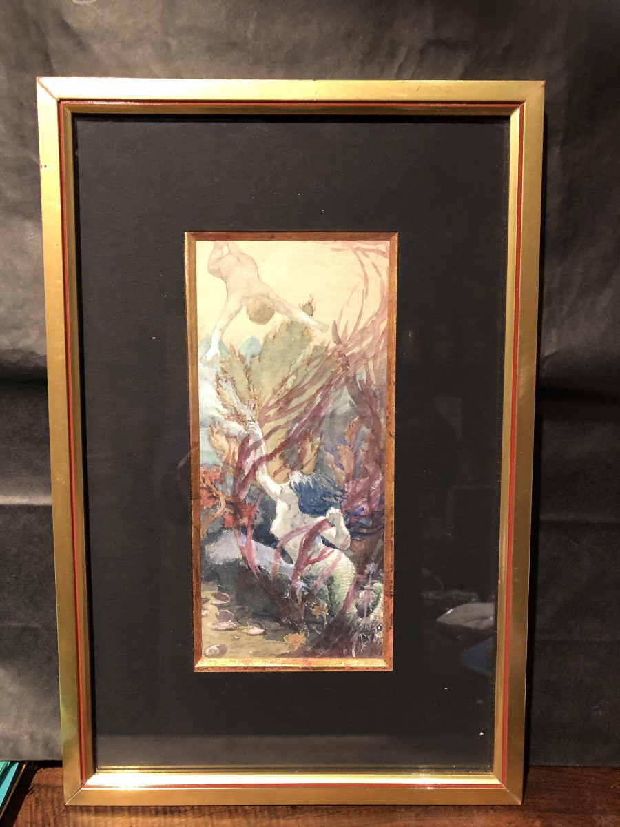 Georges Girardot (1856-1914): "mermaid" Watercolor -photo-1