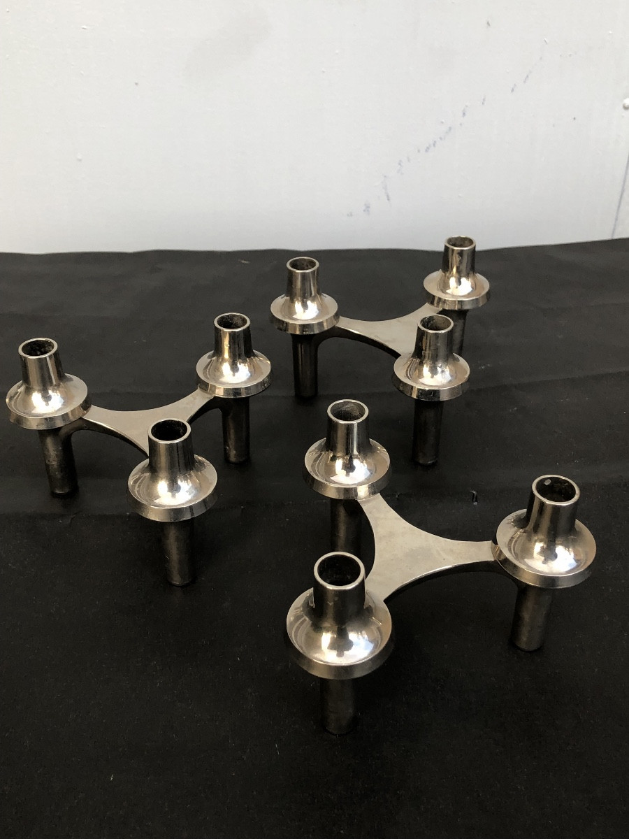 Three Chrome-plated Metal Candlesticks, Circa 1970 