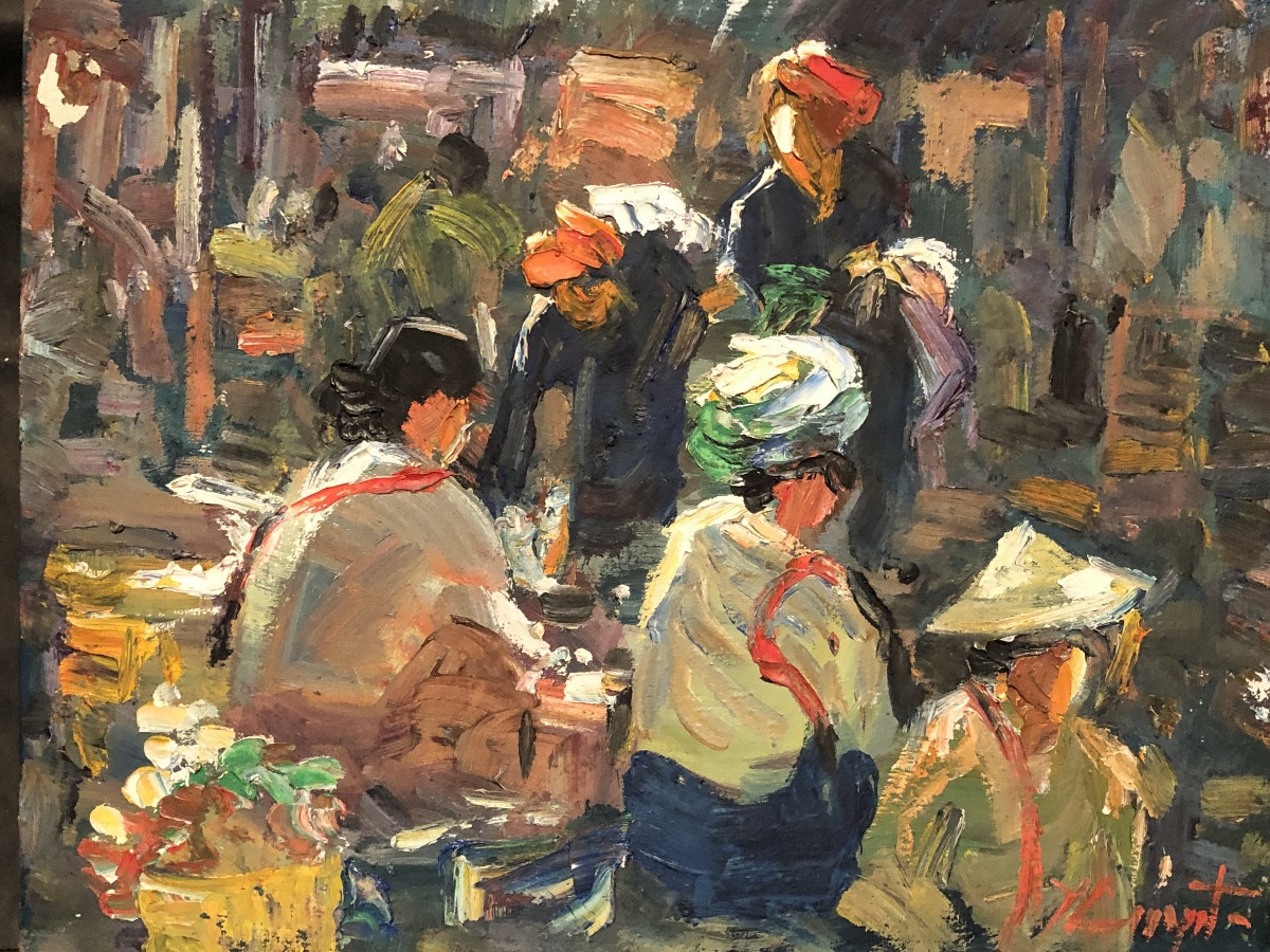 « Scène De Marché «  École Vietnamienne XX ème, Huile Sur Toile .-photo-3