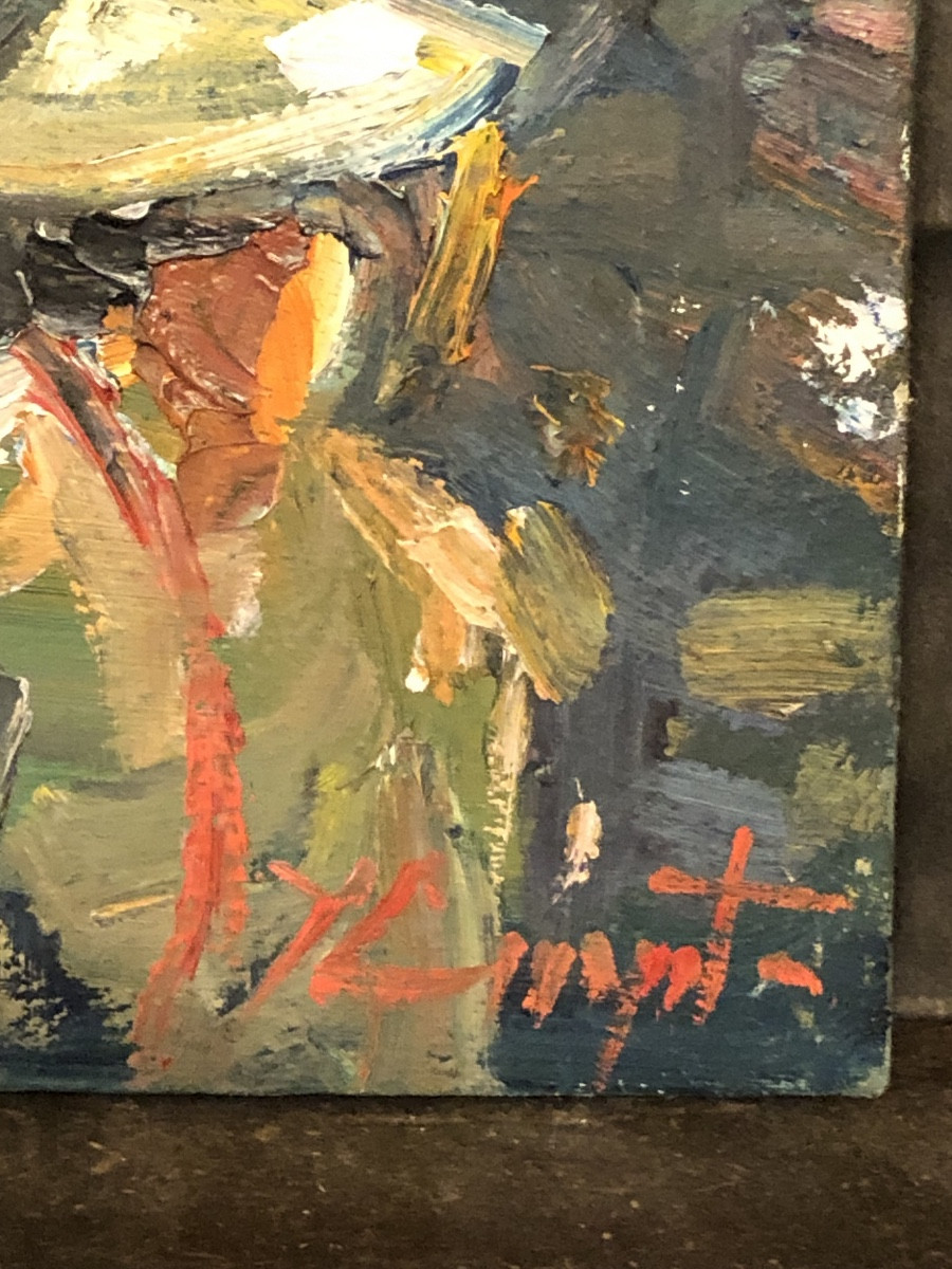 « Scène De Marché «  École Vietnamienne XX ème, Huile Sur Toile .-photo-1