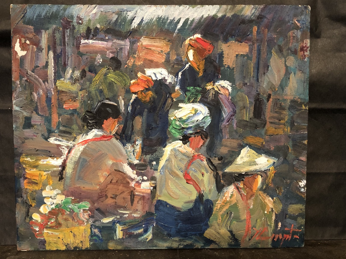 « Scène De Marché «  École Vietnamienne XX ème, Huile Sur Toile .-photo-2