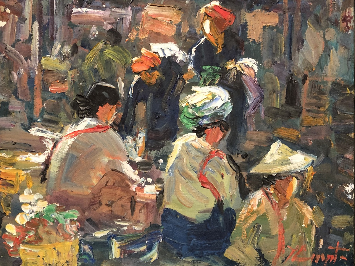 « Scène De Marché «  École Vietnamienne XX ème, Huile Sur Toile .