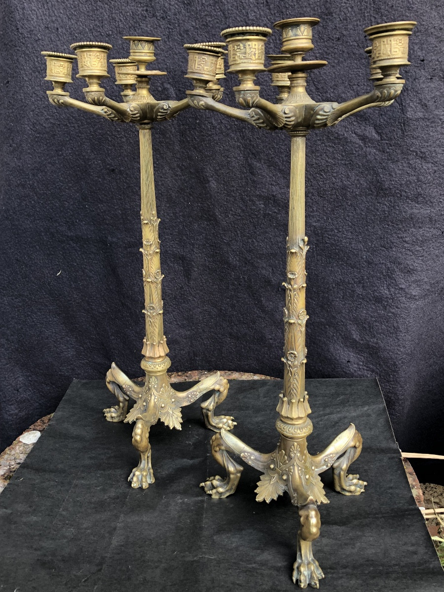 Pair Of Bronze Six-light Candelabra Known As "etruscan" Circa 1850.-photo-1