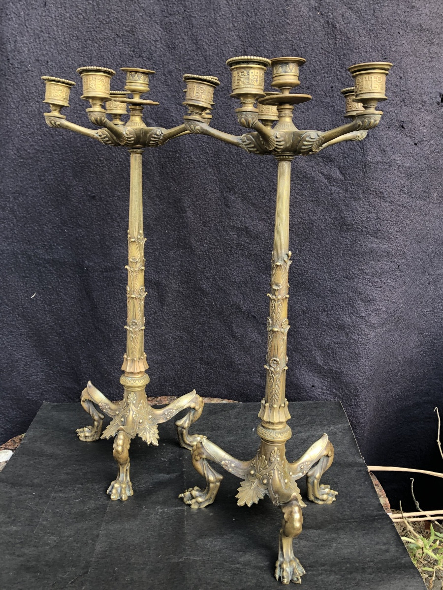 Pair Of Bronze Six-light Candelabra Known As "etruscan" Circa 1850.-photo-4