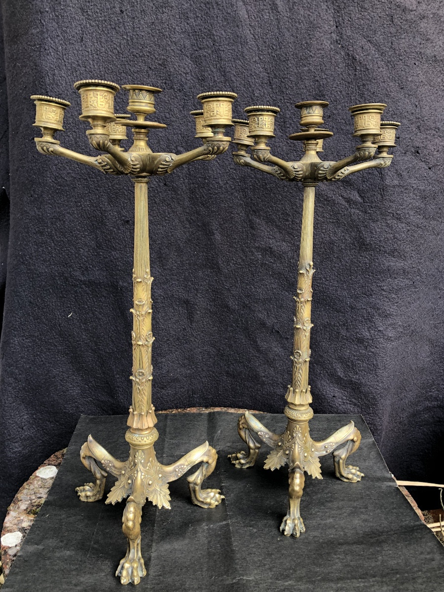Pair Of Bronze Six-light Candelabra Known As "etruscan" Circa 1850.