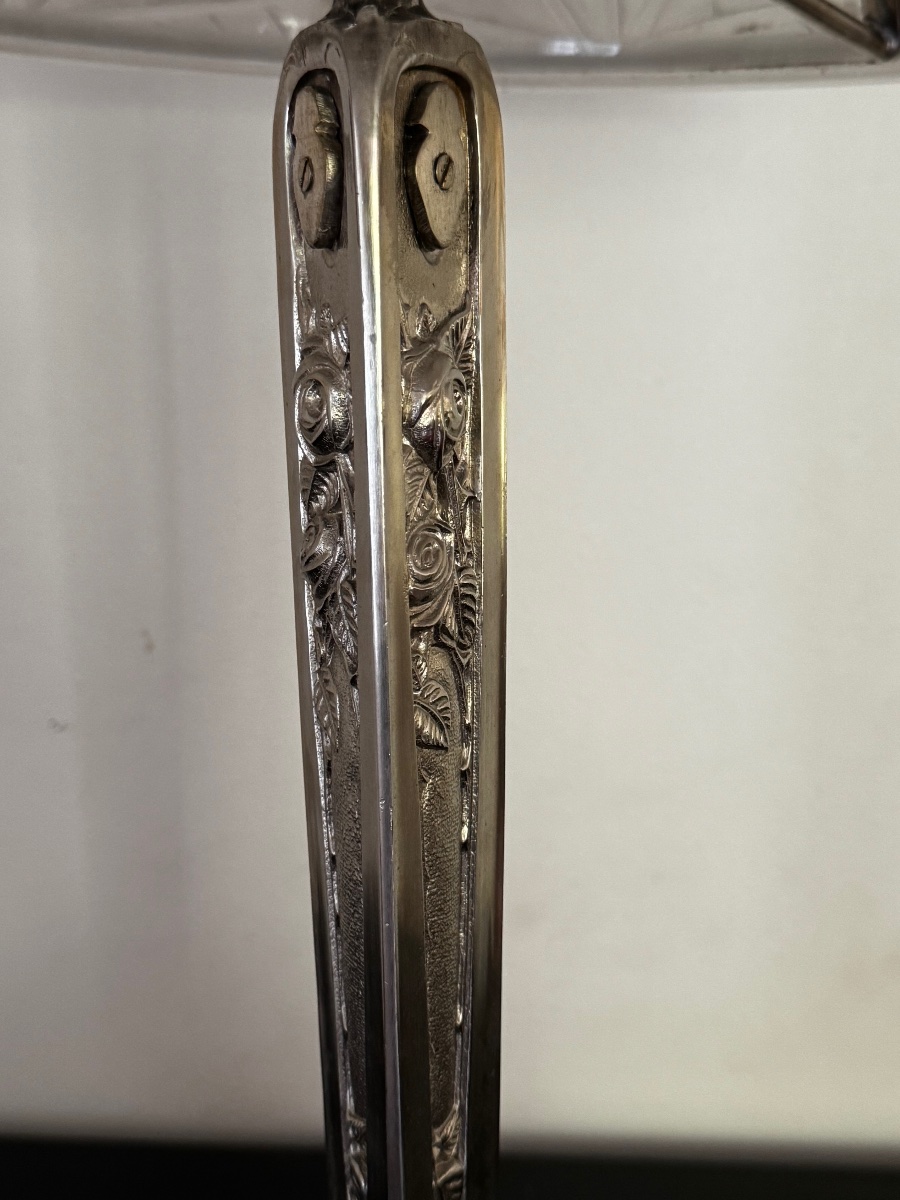 Silver-plated Bronze "aux Roses" Lamp, Art Deco Period, Circa 1925 -photo-1