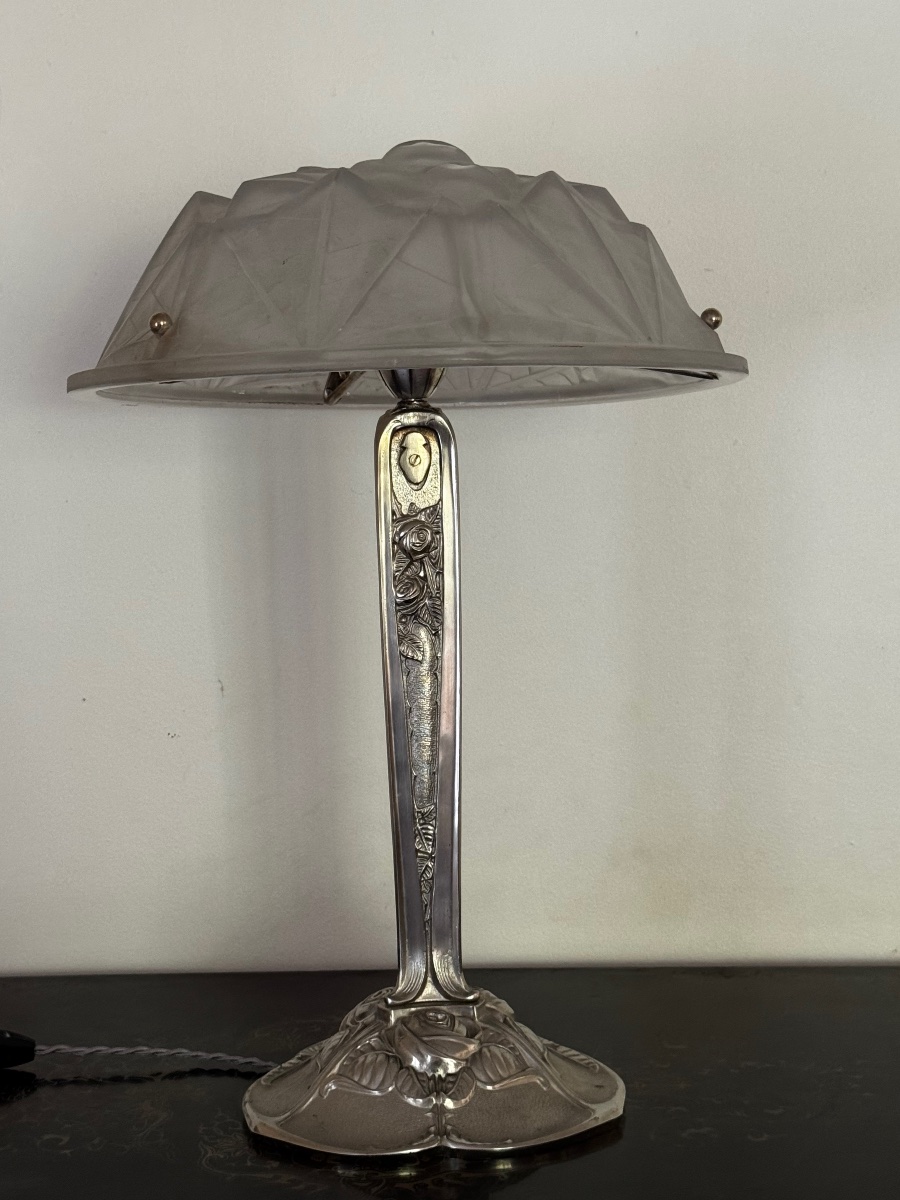 Silver-plated Bronze "aux Roses" Lamp, Art Deco Period, Circa 1925 -photo-6