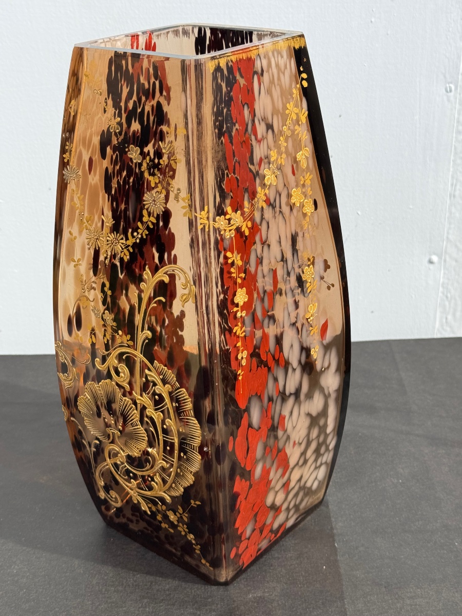 Ernest Leveillé (1841-1913) attr. à : Grand Vase en Verre Moucheté  à Décor de Fleurs vers 1900-photo-2