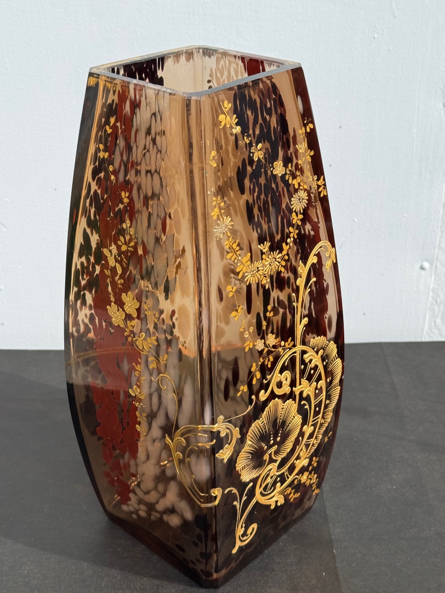 Ernest Leveillé (1841-1913) attr. à : Grand Vase en Verre Moucheté  à Décor de Fleurs vers 1900-photo-3