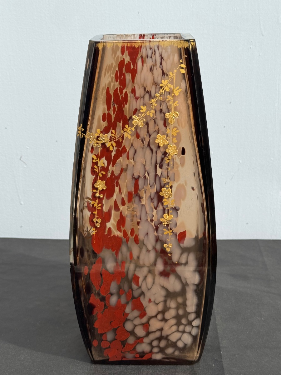 Ernest Leveillé (1841-1913) attr. à : Grand Vase en Verre Moucheté  à Décor de Fleurs vers 1900-photo-1