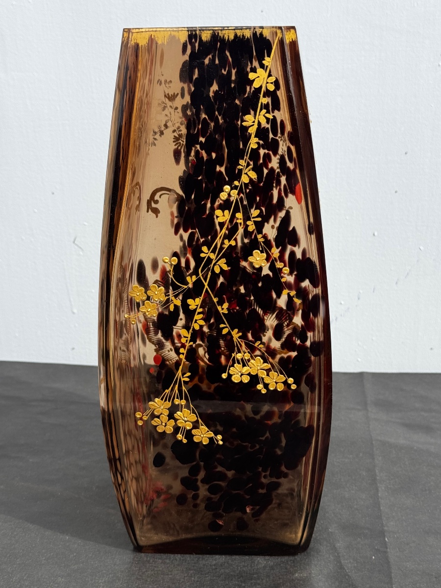 Ernest Leveillé (1841-1913) attr. à : Grand Vase en Verre Moucheté  à Décor de Fleurs vers 1900-photo-2