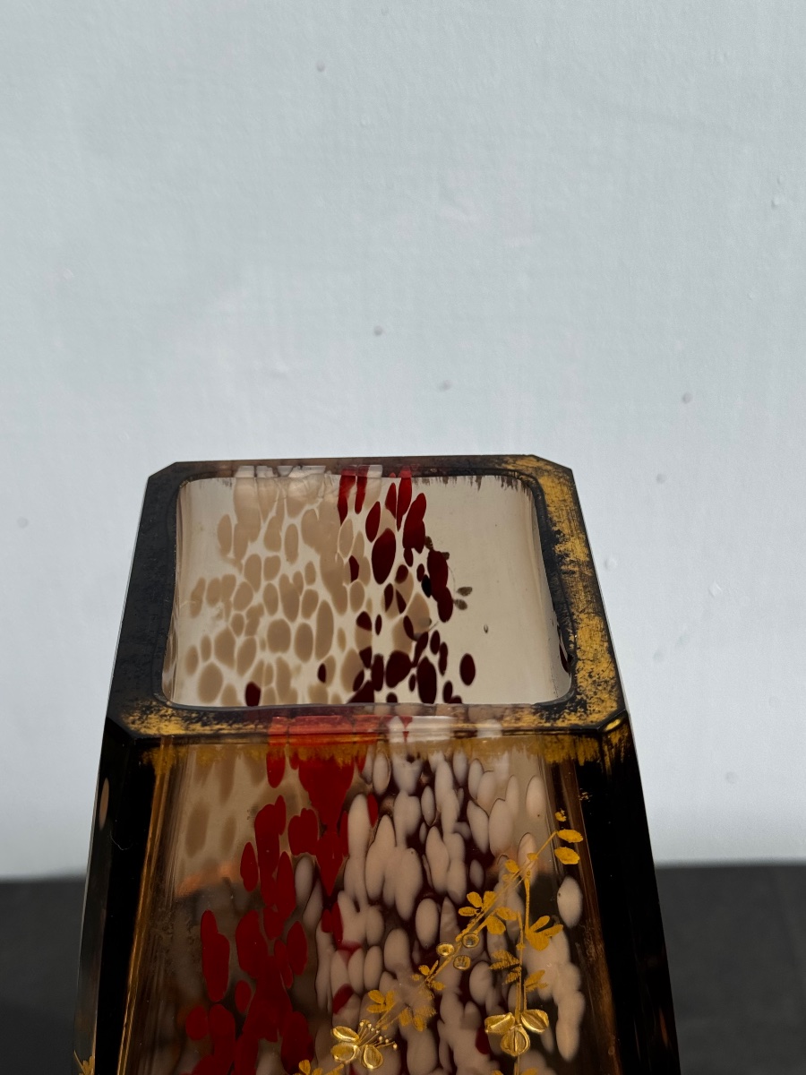 Ernest Leveillé (1841-1913) attr. à : Grand Vase en Verre Moucheté  à Décor de Fleurs vers 1900-photo-3