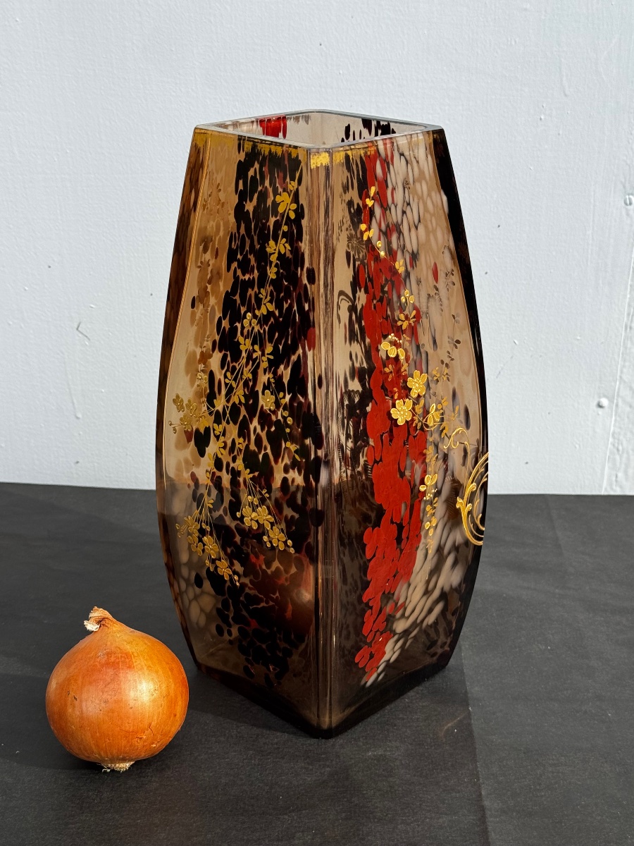 Ernest Leveillé (1841-1913) attr. à : Grand Vase en Verre Moucheté  à Décor de Fleurs vers 1900-photo-5
