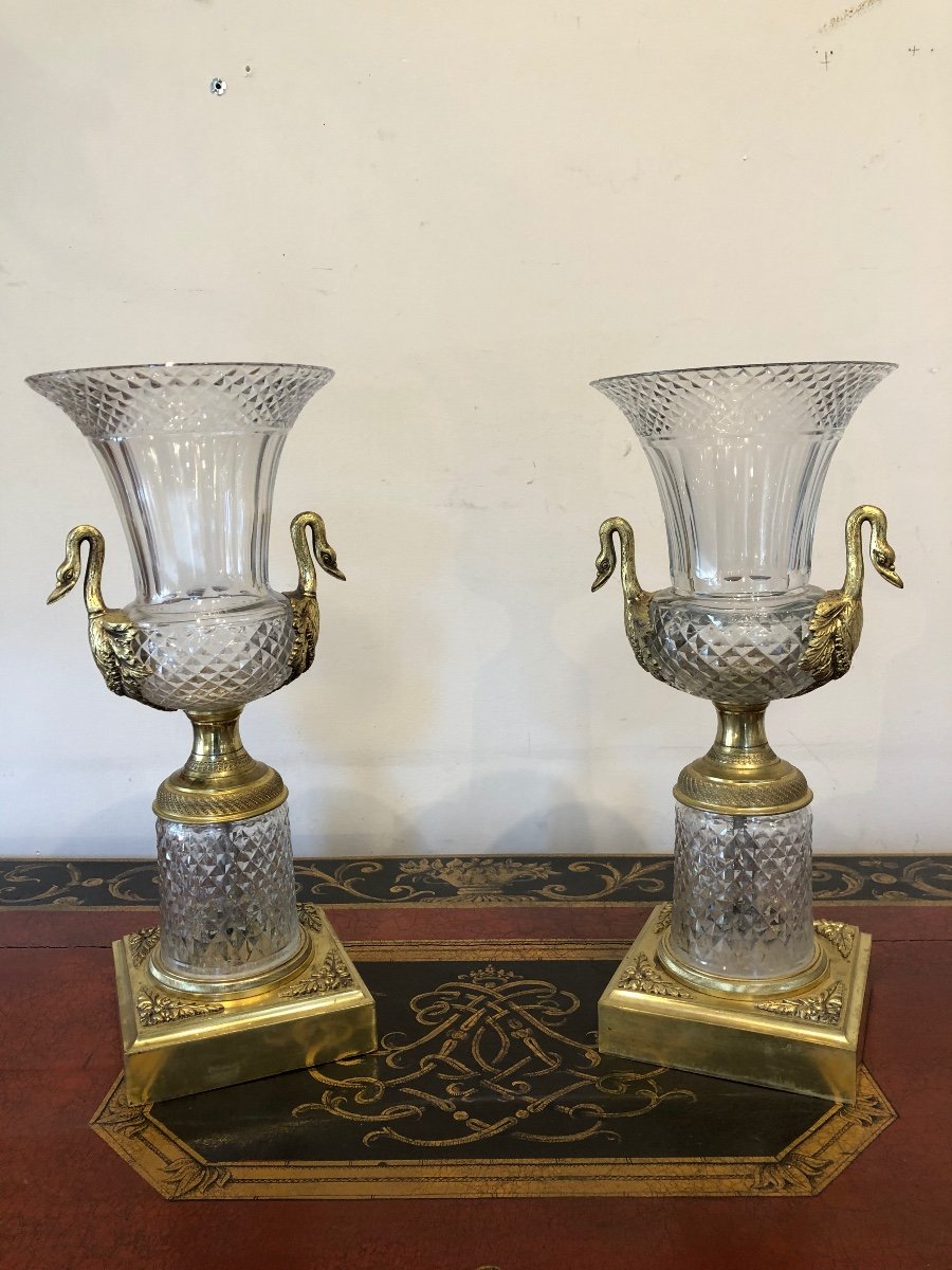 Paire De Vases Médicis Cristal Taillé Et Bronze Doré XIX ème -photo-8