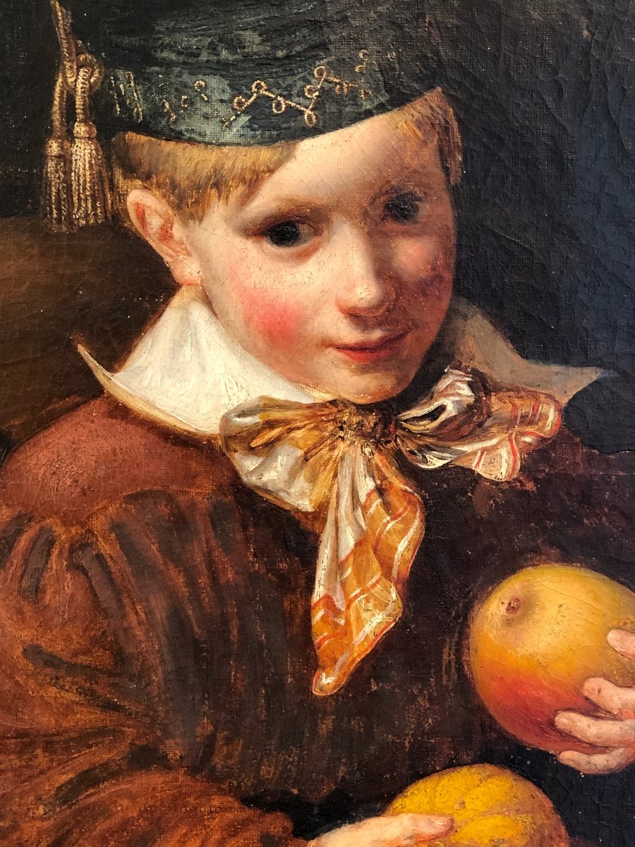 Portrait Vers 1820 « enfant Au Bonnet De Jour Et Aux Fruits »