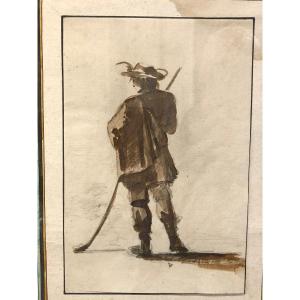 18th Century Drawing "gondolier" Ink Lavis