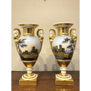 Grande Paire De Vases En Porcelaine D’epoque Empire 