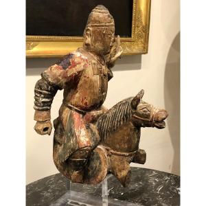 Chine XVIII ème « cavalier En Bois Sculpté & Polychrome « 