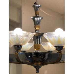 Art-deco Chandelier In Silvered & Gilded Bronze Circa 1925 By Georges Leleu