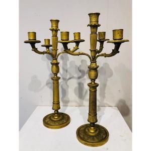 Paire De Candélabres Restauration En Bronze Doré Vers 1820