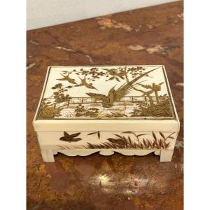 19th Ivory Box With Gold Lacquer Decor “with Birds”