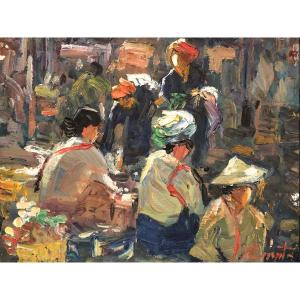 « Scène De Marché «  École Vietnamienne XX ème, Huile Sur Toile .