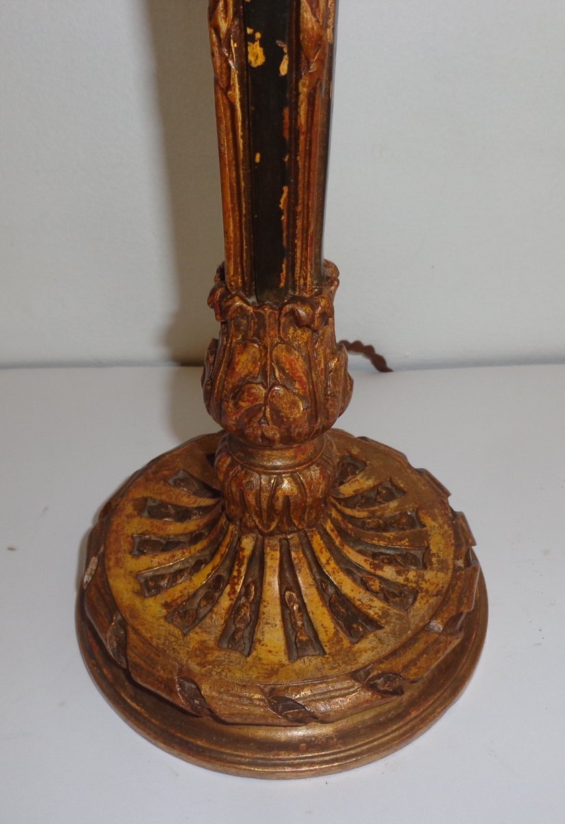 Pied De Lampe En Bois Sculpté Doré Style Louis XVI-photo-2
