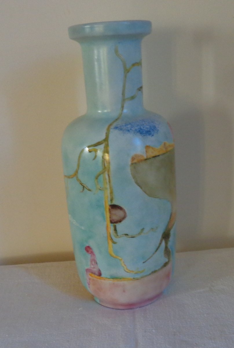 Ancien Vase En Opaline Peinte A Décor Surréaliste-photo-2