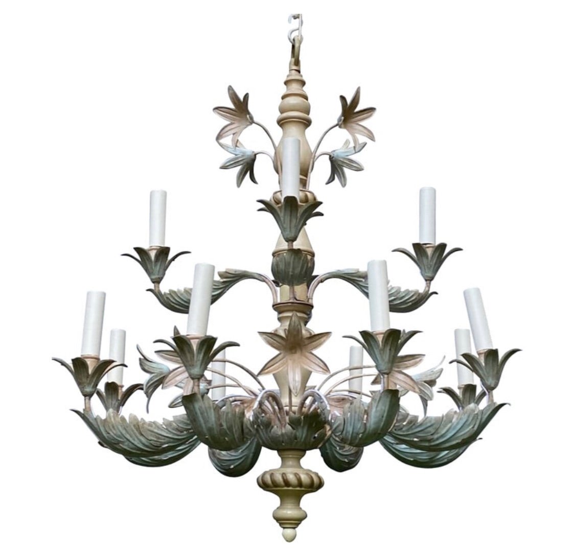 Maison Baguès Chandelier In Painted Wood And Repoussé Metal