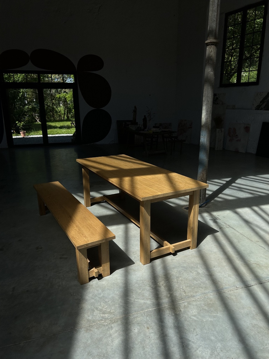 Table et banc en chêne blond