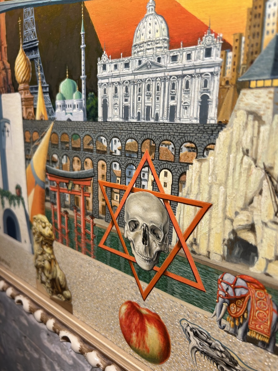 Tableau surréaliste ésotérique Espagnol « Fantaisie avec des cigognes roses »-photo-3