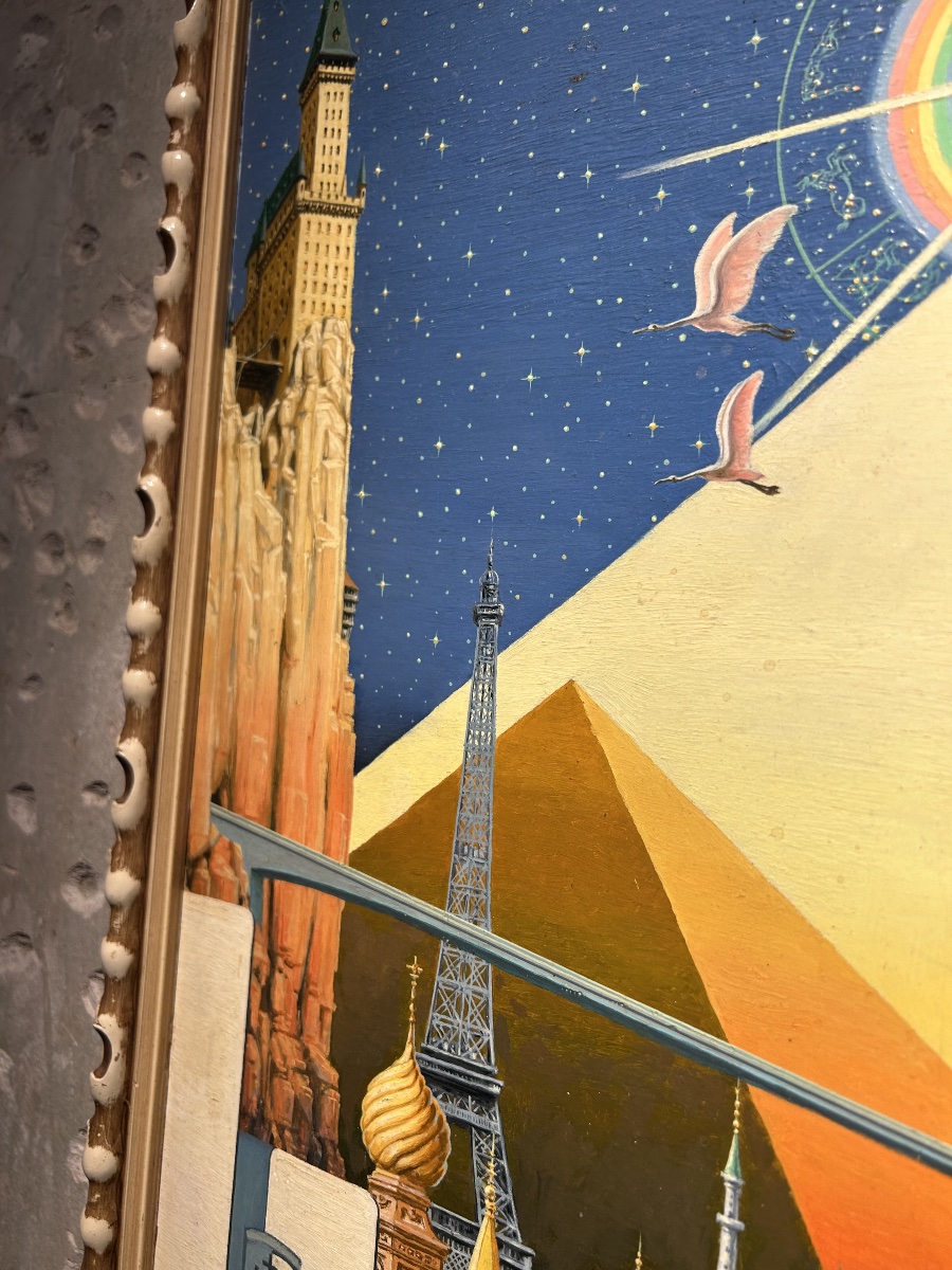 Tableau surréaliste ésotérique Espagnol « Fantaisie avec des cigognes roses »-photo-4