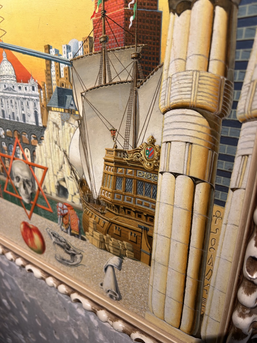 Tableau surréaliste ésotérique Espagnol « Fantaisie avec des cigognes roses »-photo-8