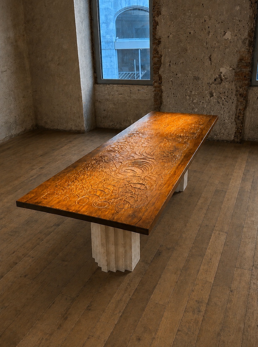 TABLE BRUTALISTE SCULPTÉE DES DEUX FACES DE GIOVANNI BORGARELLO