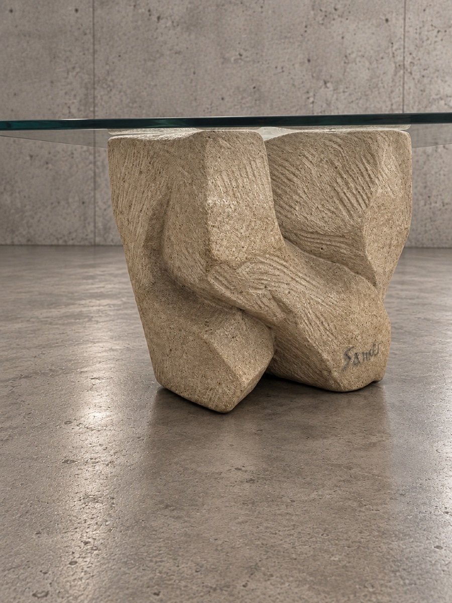 Coffee Table By The Sculptor Giandomenico Sandri, Made Of White Vicenza Stone-photo-4