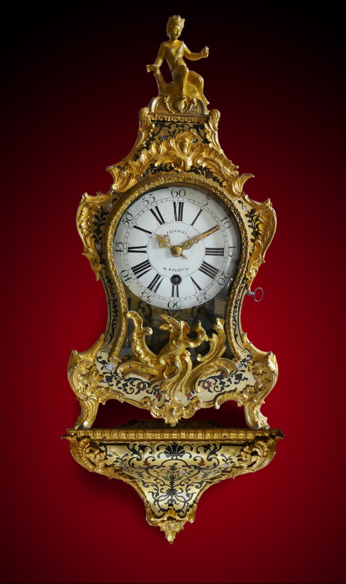 Rare Cartel Clock With Ormulu Bronzes In Polychromie  - Signed Lelubois Ca 1745