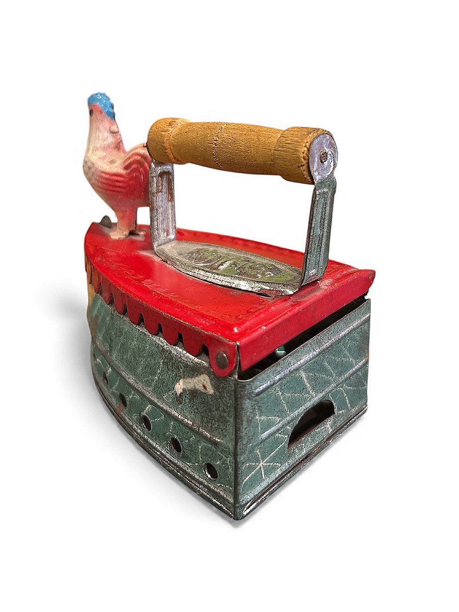 Vintage Collectible Metal Toy - Miniature Iron Decorated With A Rooster, Circa 1930-photo-2