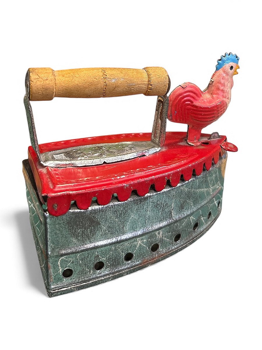 Vintage Collectible Metal Toy - Miniature Iron Decorated With A Rooster, Circa 1930-photo-3