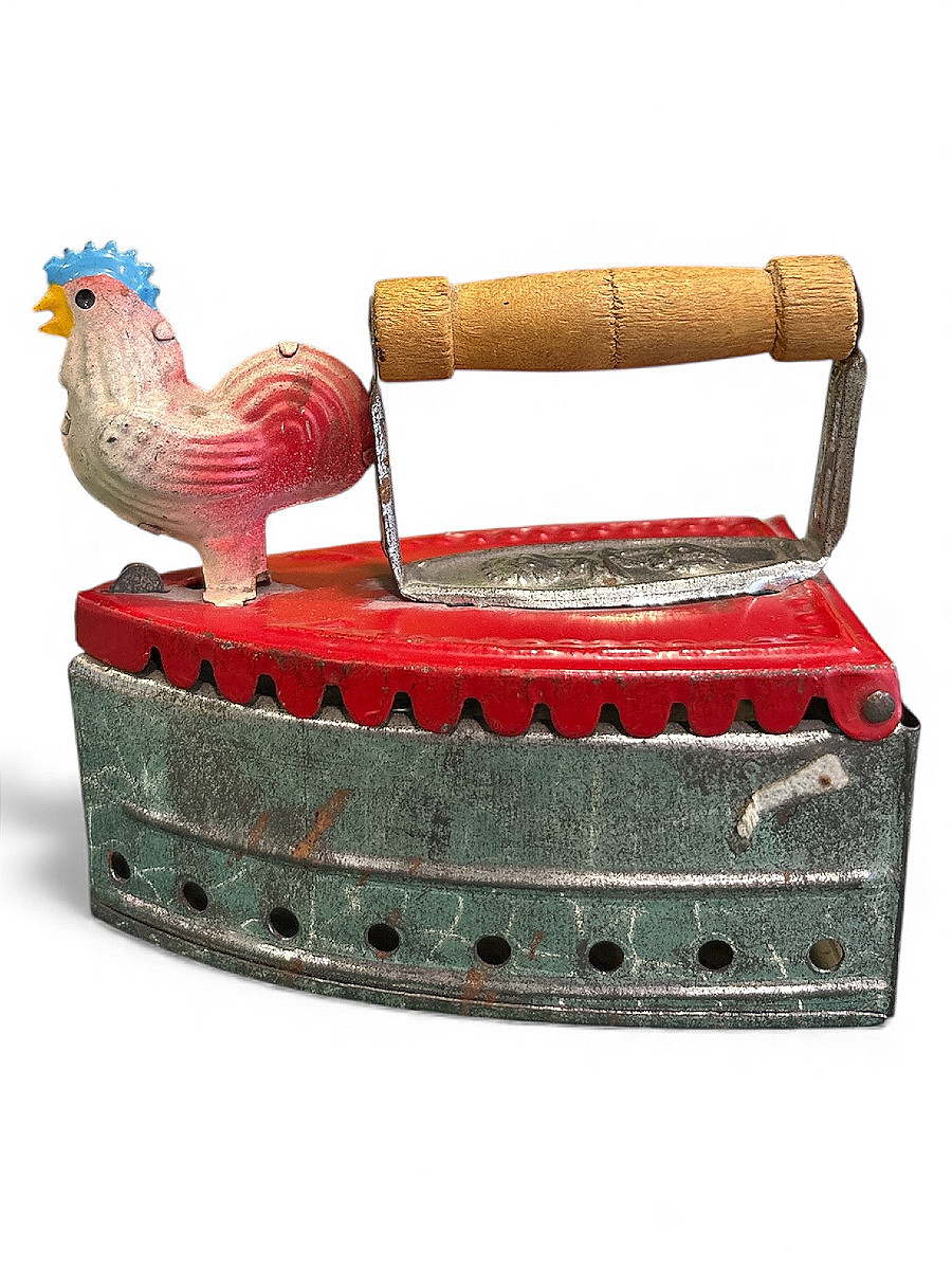 Vintage Collectible Metal Toy - Miniature Iron Decorated With A Rooster, Circa 1930