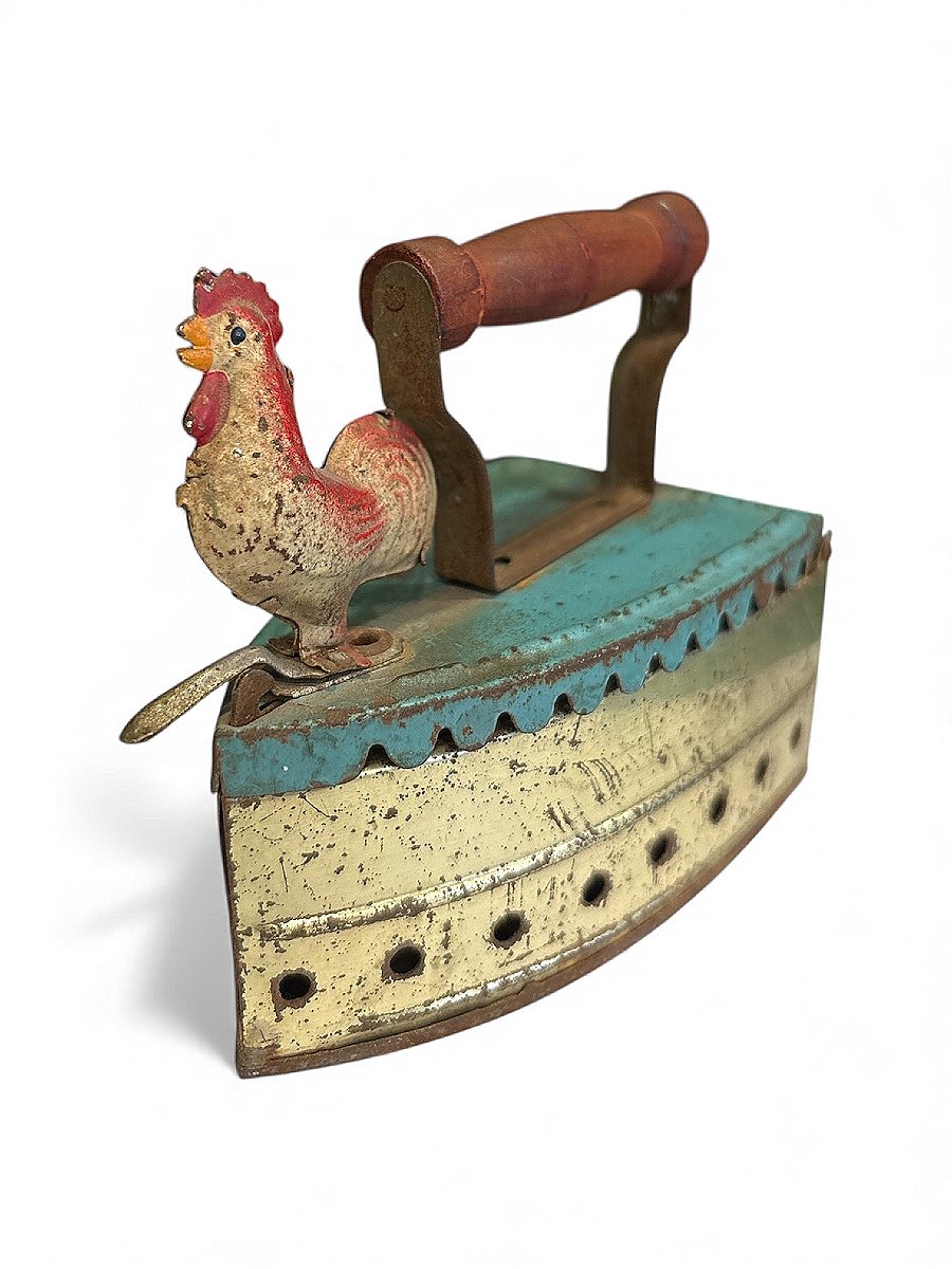 Vintage Collectible Metal Toy - Miniature Iron Decorated With A Rooster, Circa 1930-photo-3