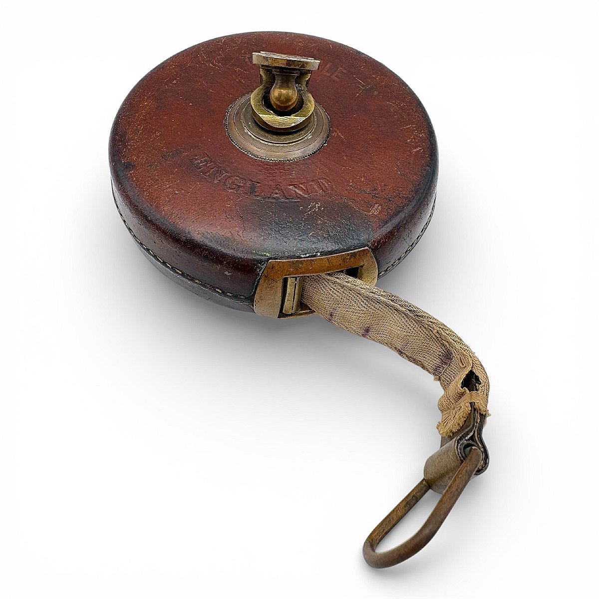 "treble England" Surveyor's Tape Measure, Leather And Brass, England, Circa 1920-photo-4