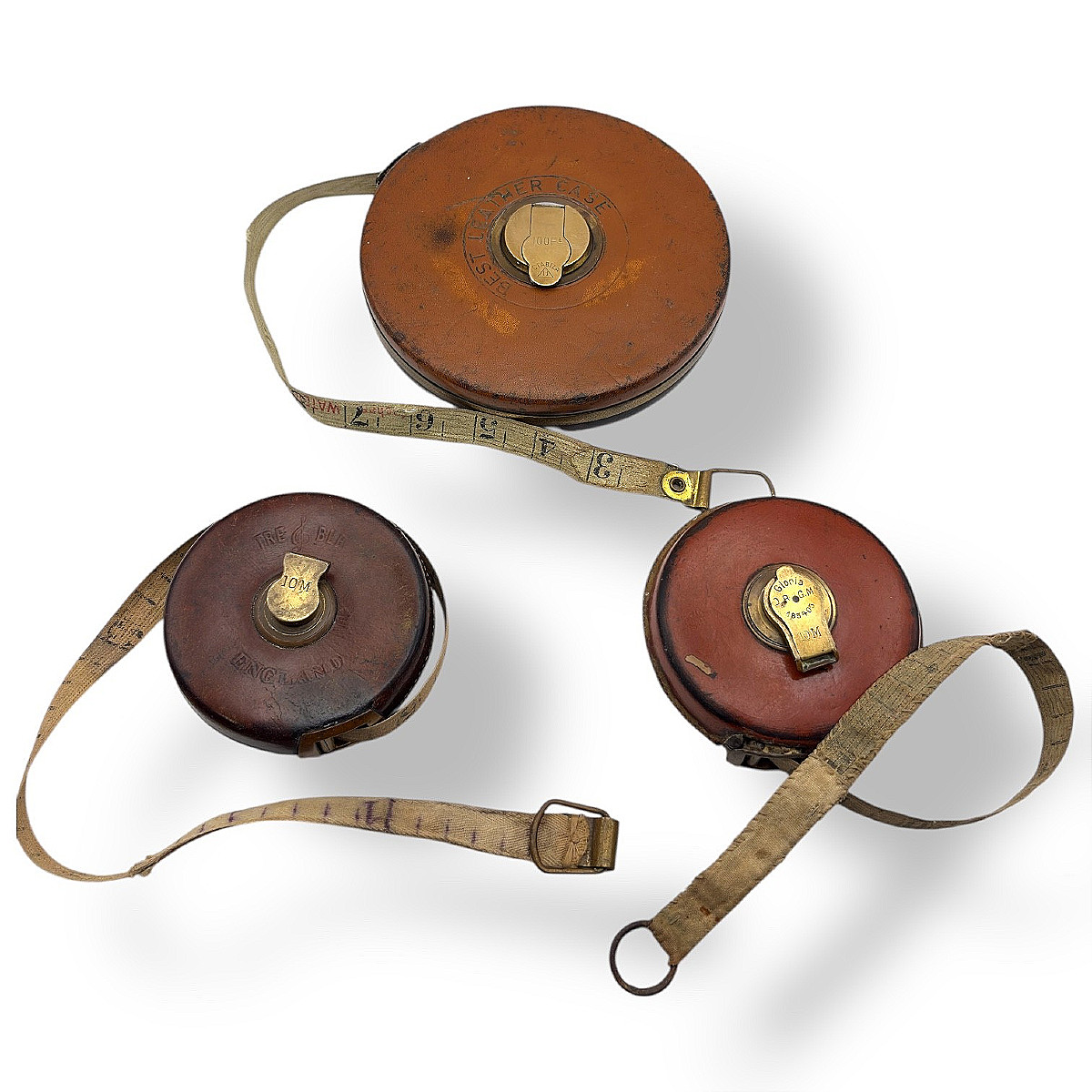 "treble England" Surveyor's Tape Measure, Leather And Brass, England, Circa 1920-photo-1